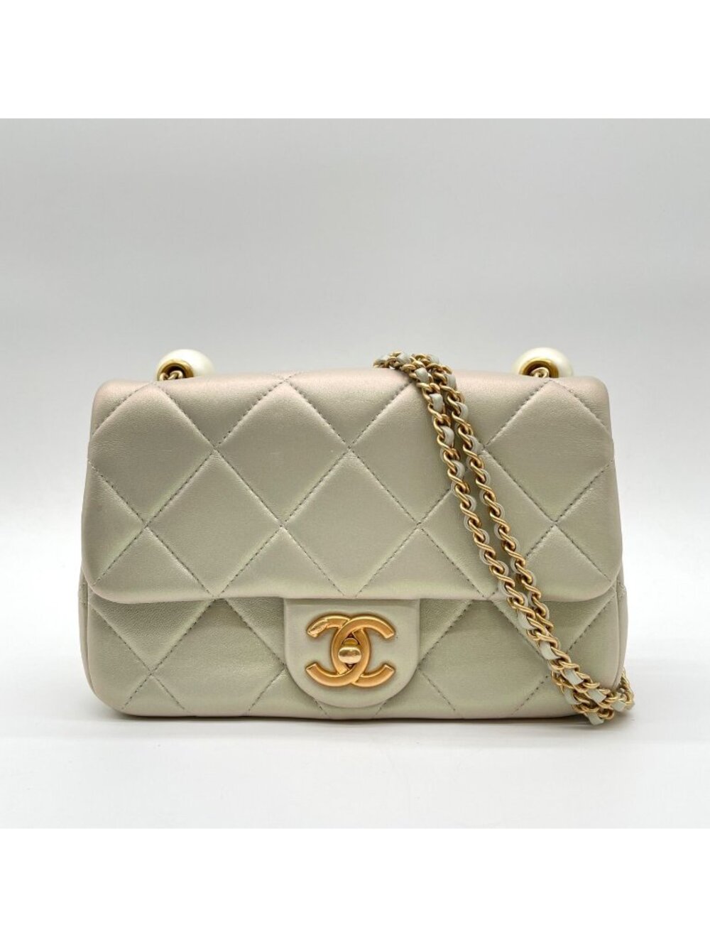 Chanel Mini Quilted Pearl Lambskin Shoulder Bag Metallic